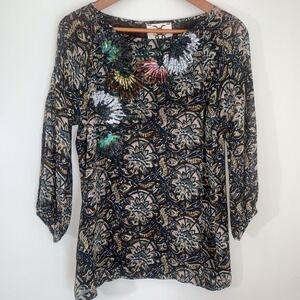 Figue Silk Tunic Top Womens Small Beaded Floral Luxury Boho Art to Wear Eclectic